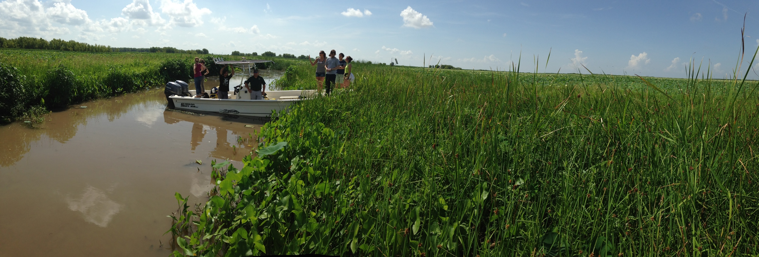 Image: People standing on a boat in the Wax Lake Delta