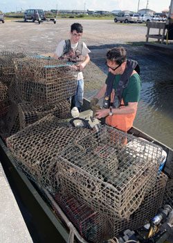 Photo: A volunteer pulls up to the boat dock with collected crab traps.